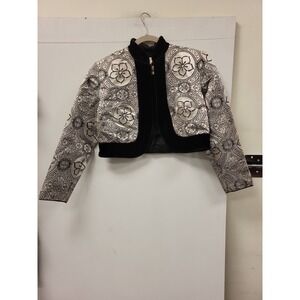 Cache Bolero Jacket Size 6‎ Black White Floral Print Velvet Trim Occasion